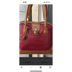London Fog Women's Shoulder Bag W/ Faux Ostrich Pattern Red And Brown 12 X 9